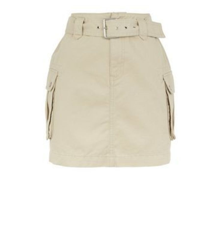 Stone Utility Pocket Belted Denim Skirt New Look