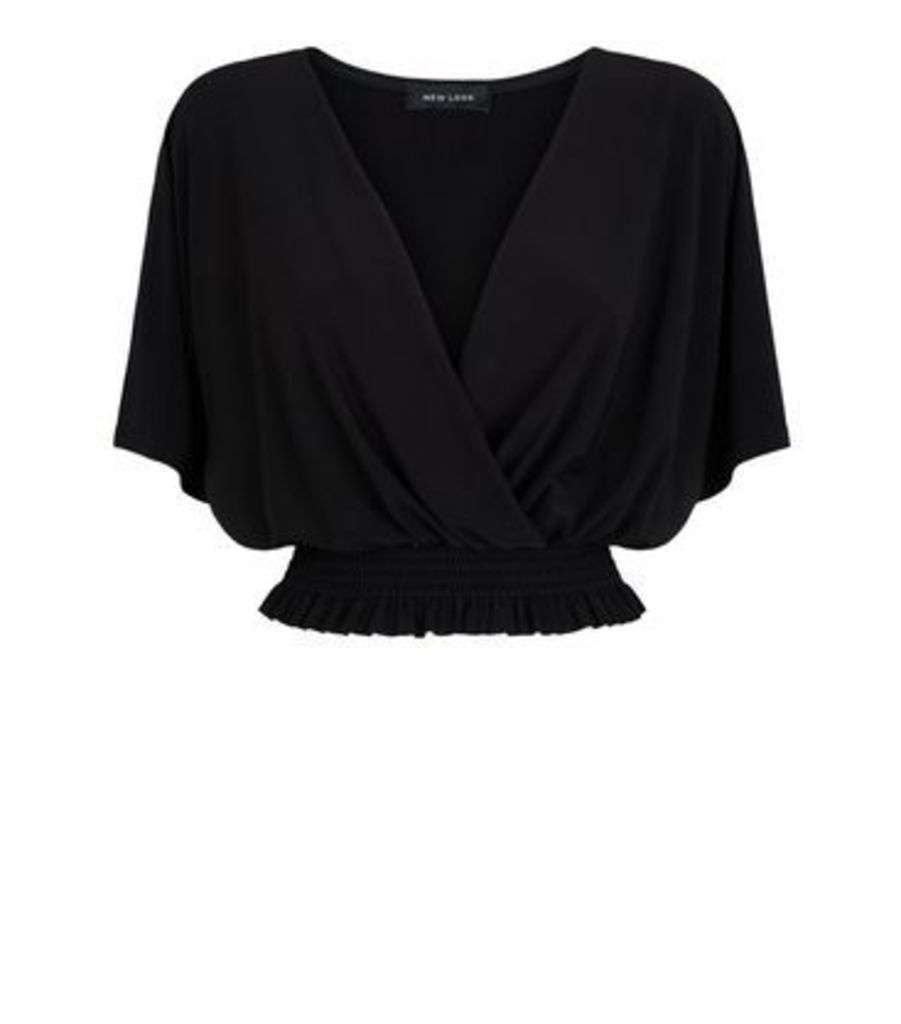 Black Shirred Hem Wrap Top New Look