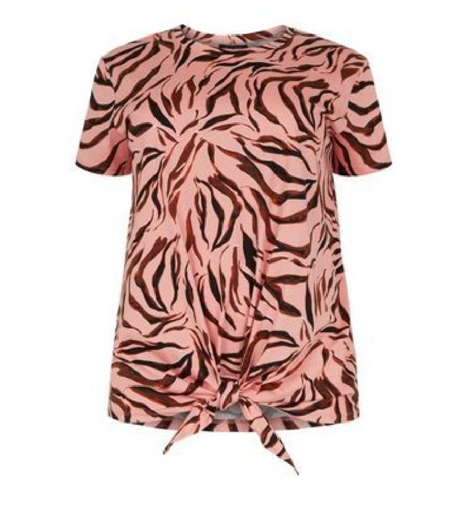 Curves Pink Tiger Print Tie Front T-Shirt New Look