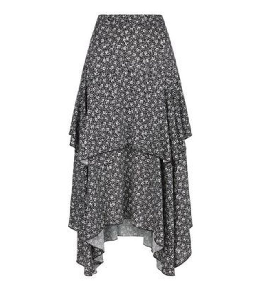 Black Ditsy Floral Hanky Hem Midi Skirt New Look