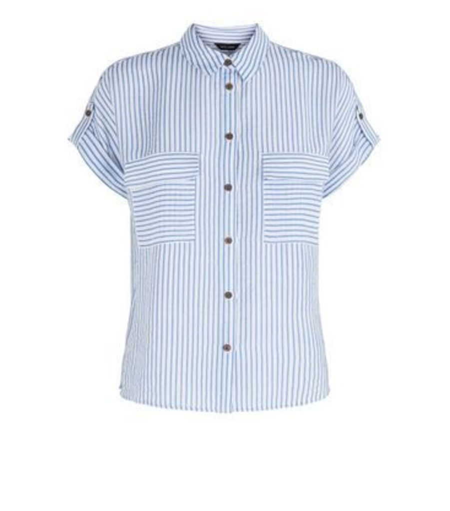 Blue Stripe Button Up Double Pocket Shirt New Look