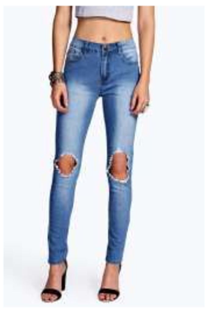 Mid Rise Busted Knee Super Skinny Jeans - blue