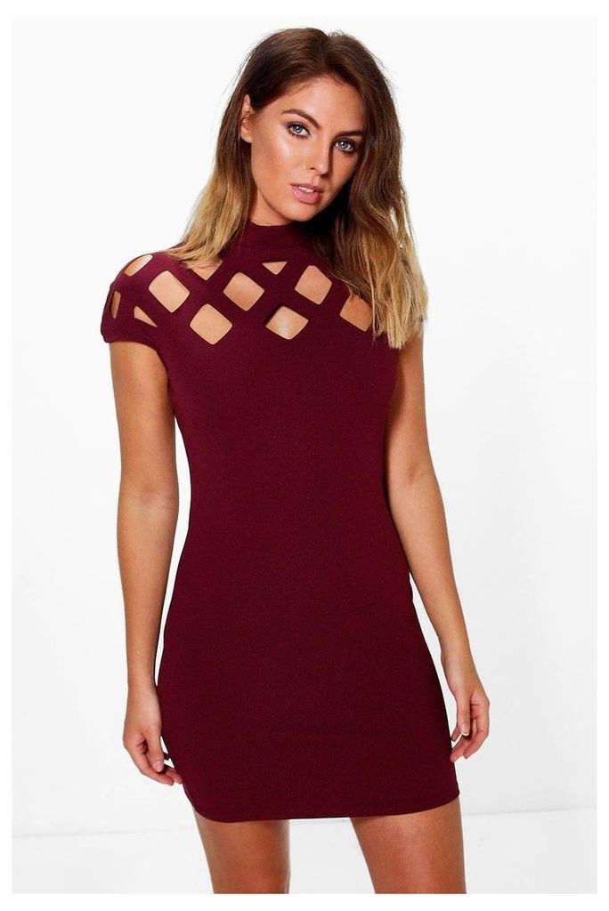 Cut Out Neck Bodycon Dress - berry