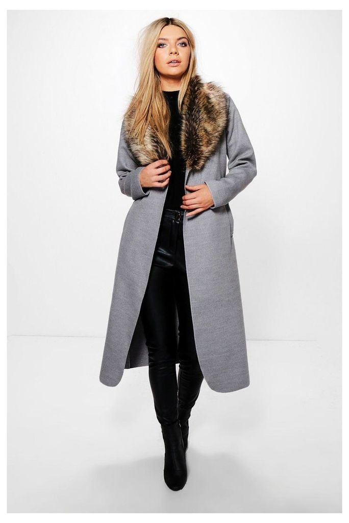 Faux Fur Collar Wrap Coat - grey