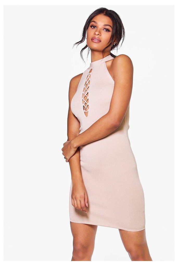 Lace Up High Neck Bodycon Dress - taupe
