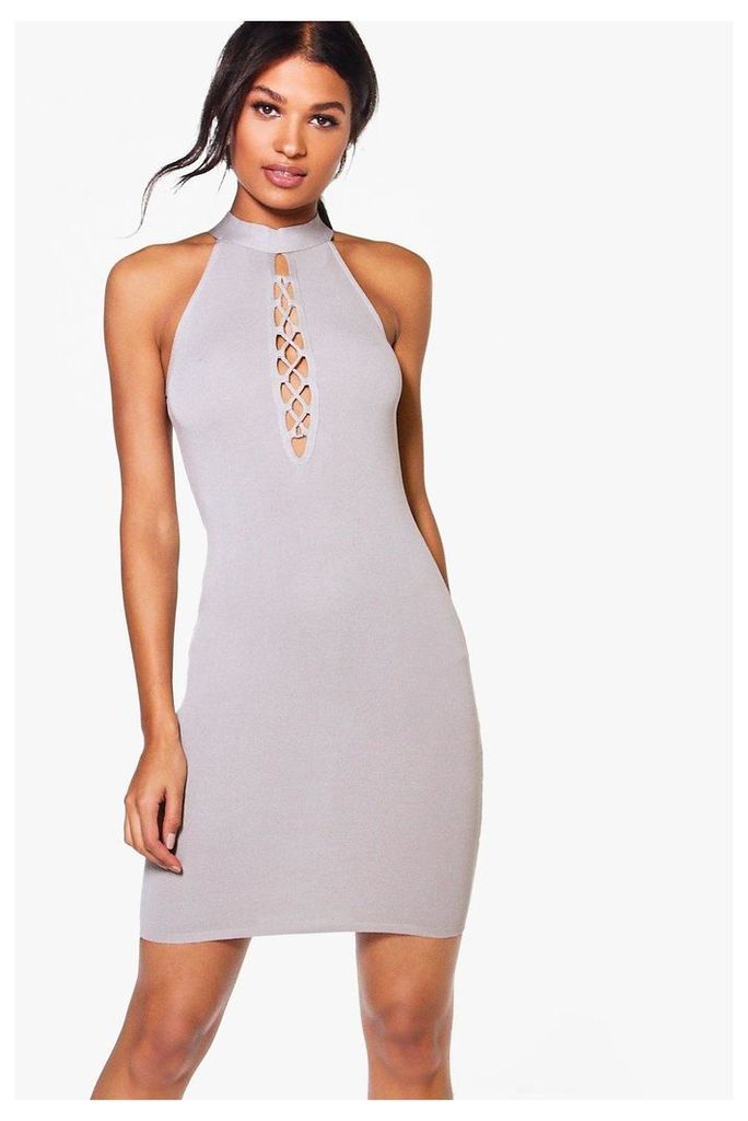 Lace Up High Neck Bodycon Dress - grey