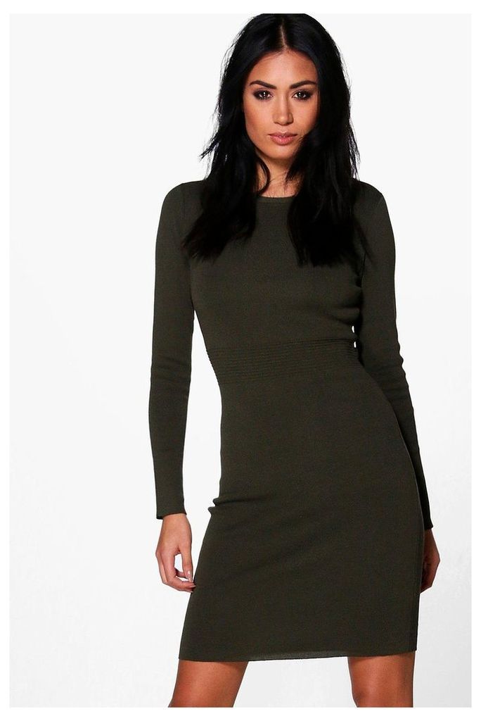 Ribbed Detail Knitted Bodycon Dress - khaki