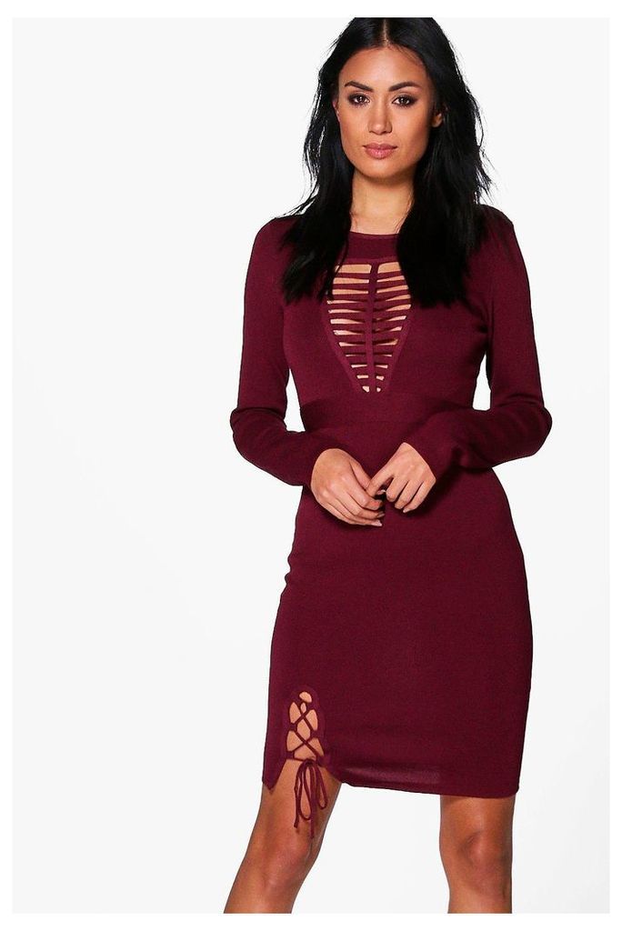 Caged Detail Knitted Dress - wine