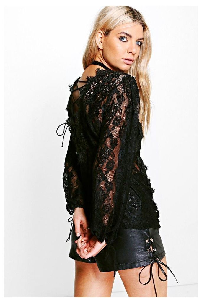 Ava All Over Lace Tie Back Top - black