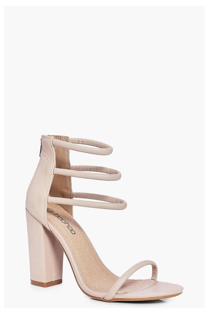 Three Strap Ankle Band Block Heels - nude