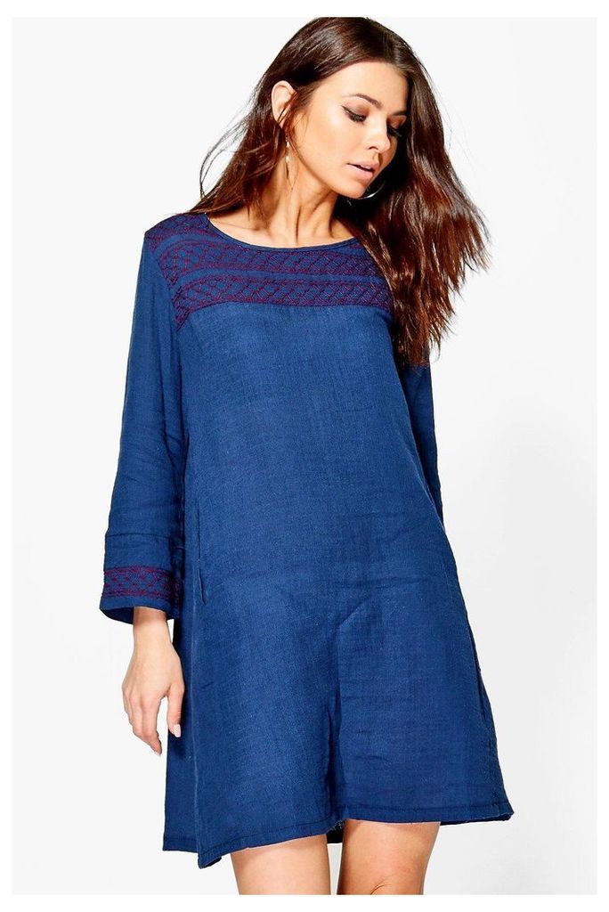 Embroidered Smock Dress - navy