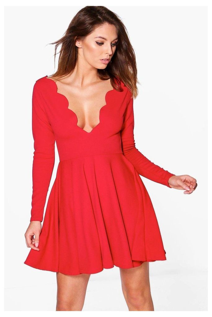 Long Sleeved Scallop Plunge Skater Dress - red