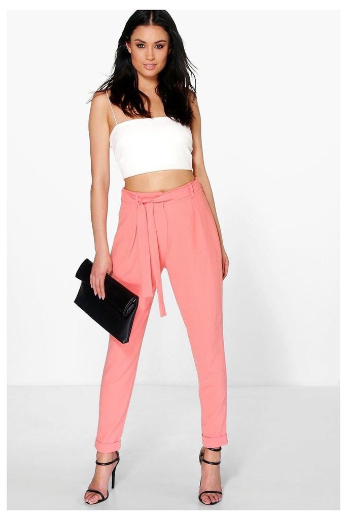 Tie Waist Tailored Slim Fit Trousers - coral