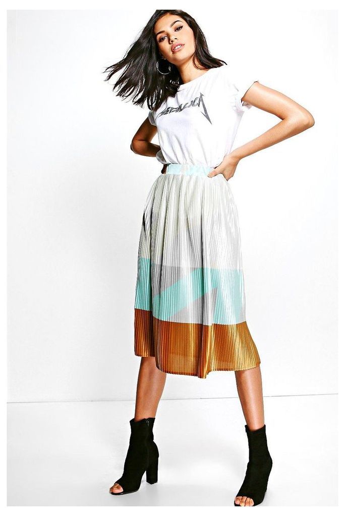 Pleated Colour Block Satin Midi Skirt - multi