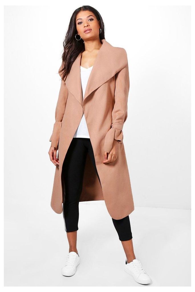 Belted Wool Coat With Tie Cuff Detail - camel