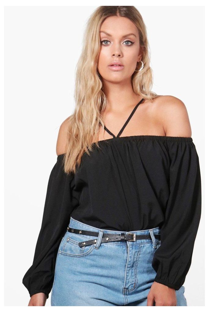Josie Woven Strappy Off The Shoulder Top - black