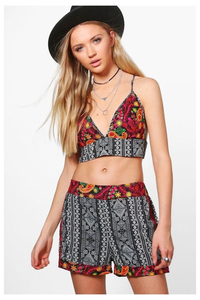 Woven Crop and Short Embroidered Co-ord - multi