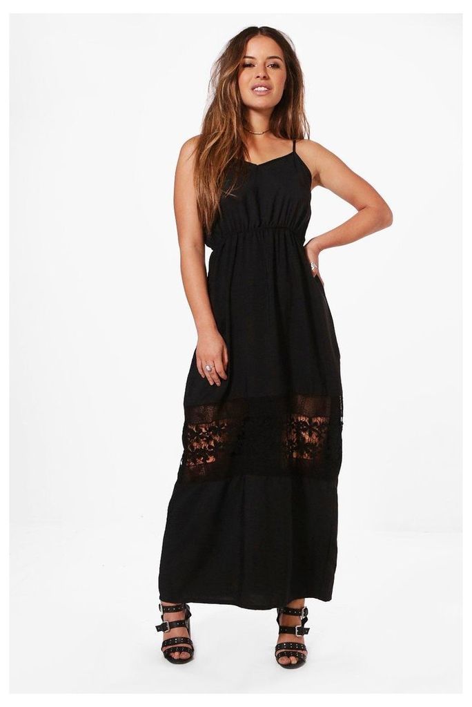 Olivia Crochet Insert Plunge Maxi Dress - black