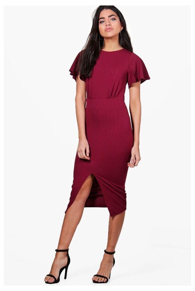 Angel Sleeve Wiggle Midi Dress - berry