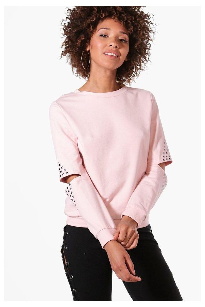 Studded Cut Out Sleeve Sweatshirt - pink