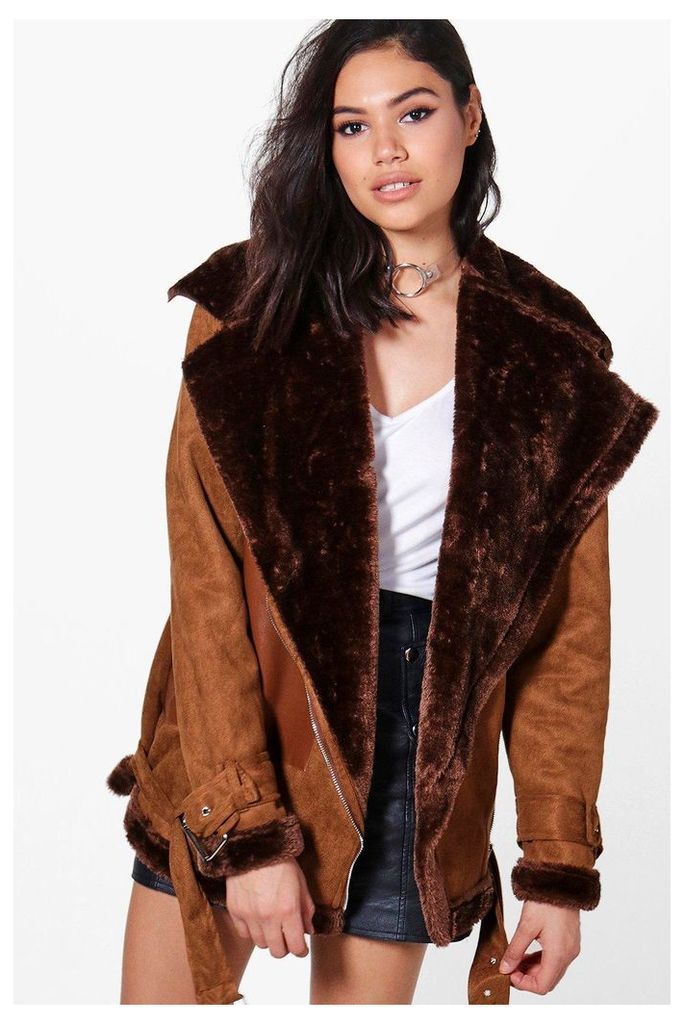 Faux Fur Lined Bonded Aviator Jacket - brown