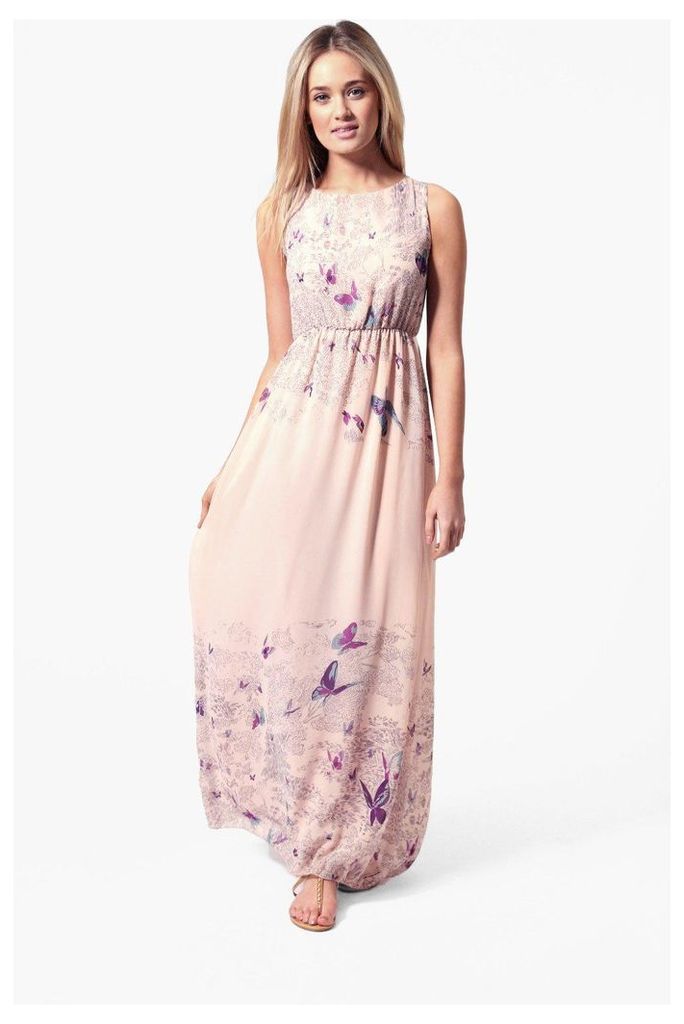 Tie Back Border Print Butterfly Maxi Dress - nude