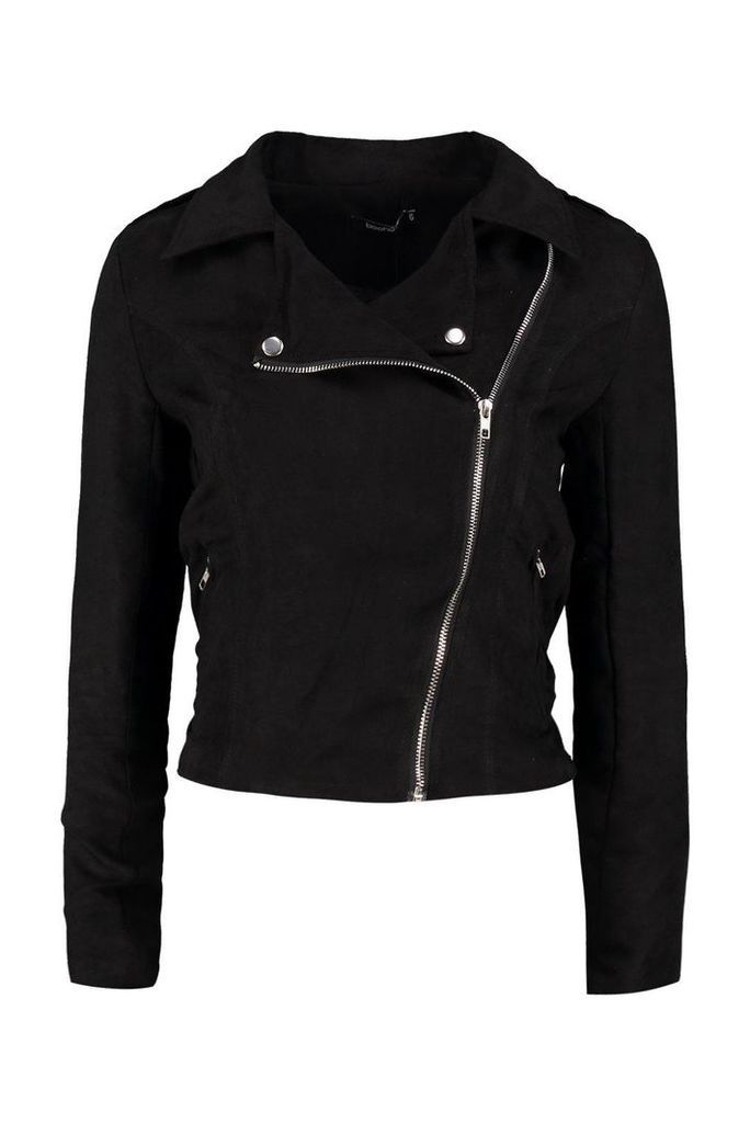 Olivia Belted Suedette Biker Jacket - black