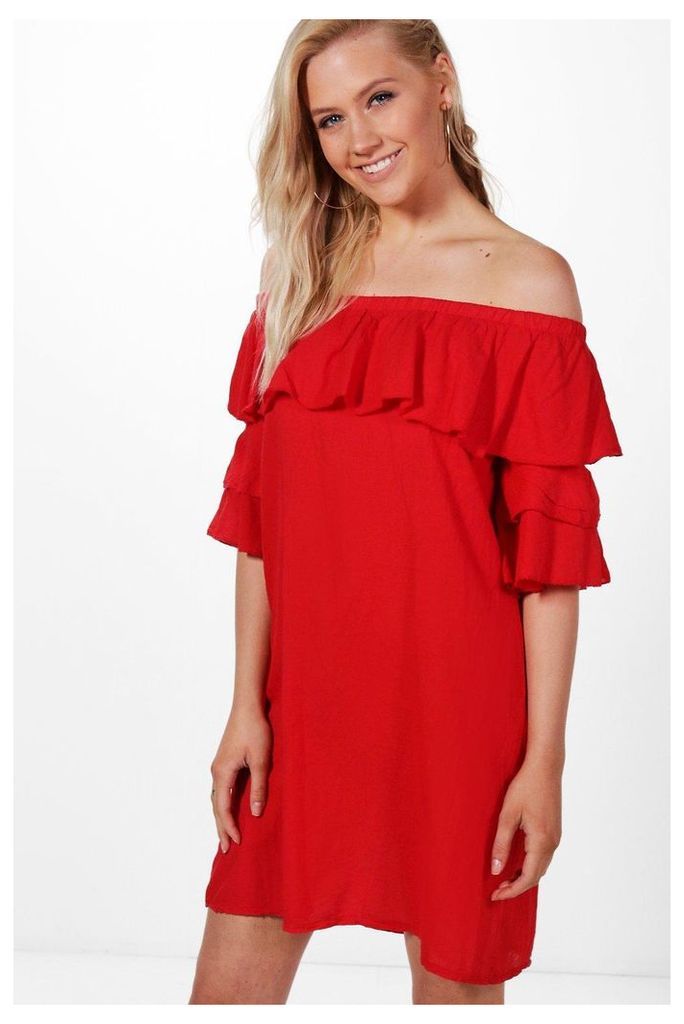 Ruffle Off Shoulder Dress - red
