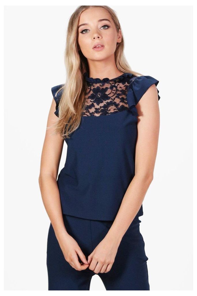 Frill Lace Detail Top - navy