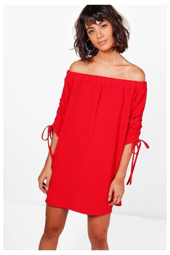 Ruched Sleeve Off Shoulder Dress - red
