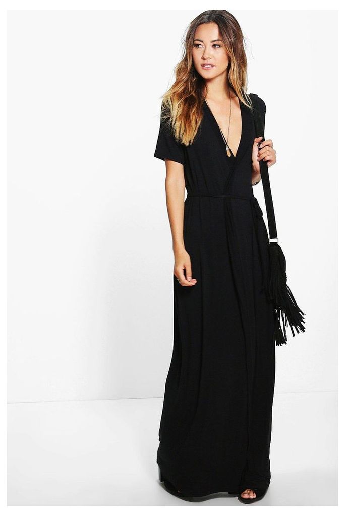 Wrap Front Belted Maxi Dress - black