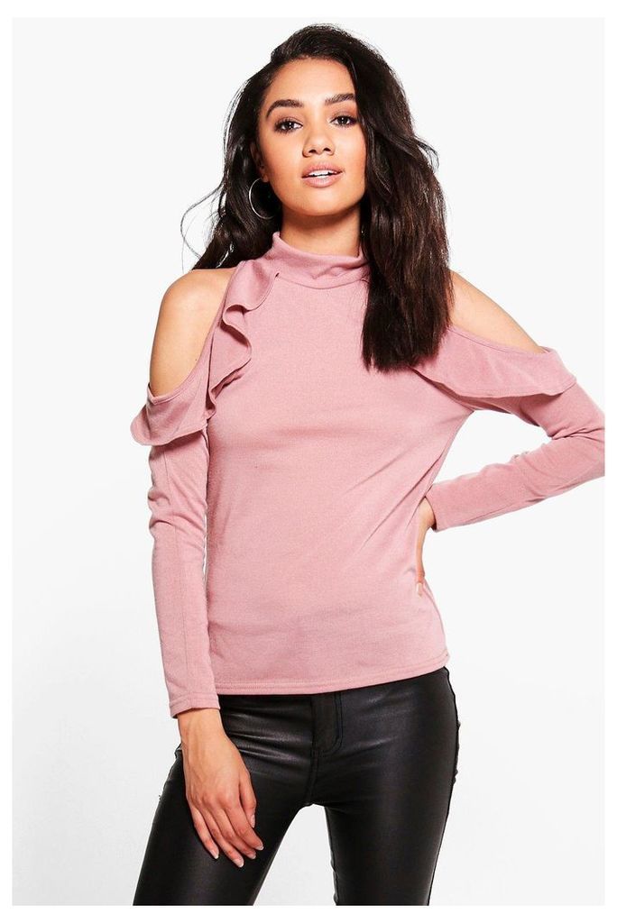 May Cold Shoulder Ruffle High Neck Top - rose