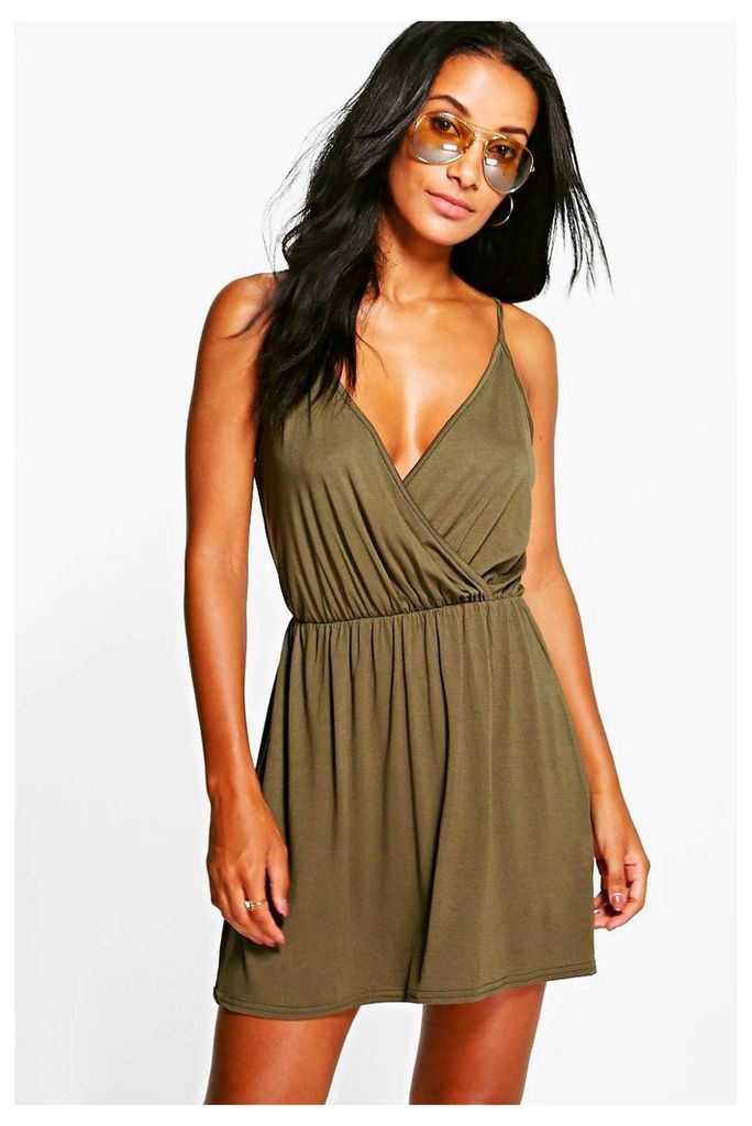 Wrap Front Strappy Sundress - khaki