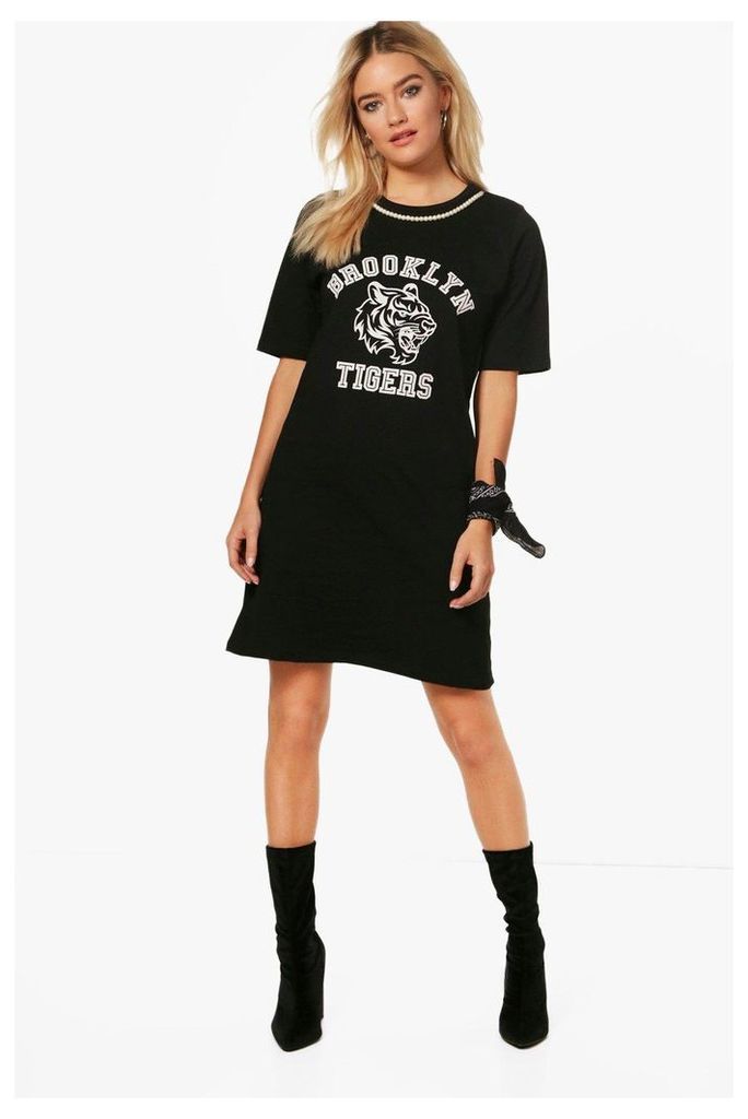 Pearl Choker Oversized T-Shirt Dress - black