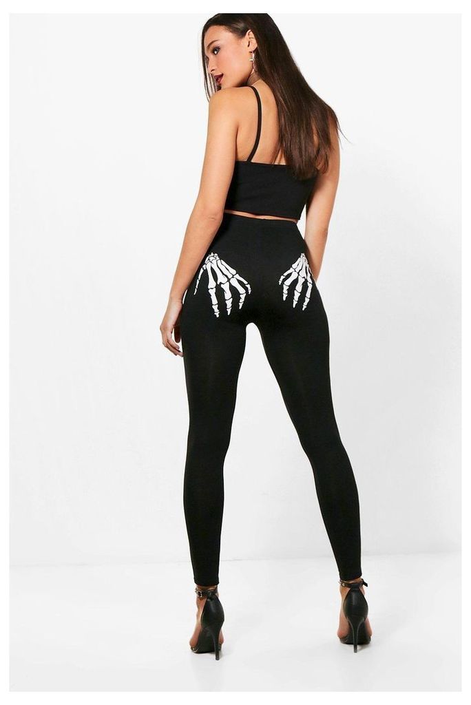 Halloween Back Print Skeleton Leggings - black