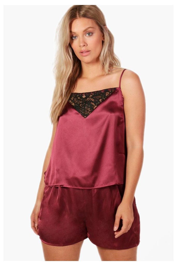 Alice Lace Insert Cami and Short PJ Set - burgundy