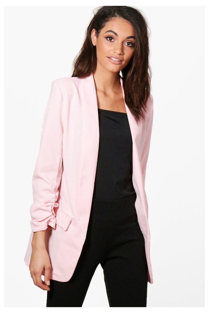 Gathered Sleeve Tailored Woven Blazer - pink