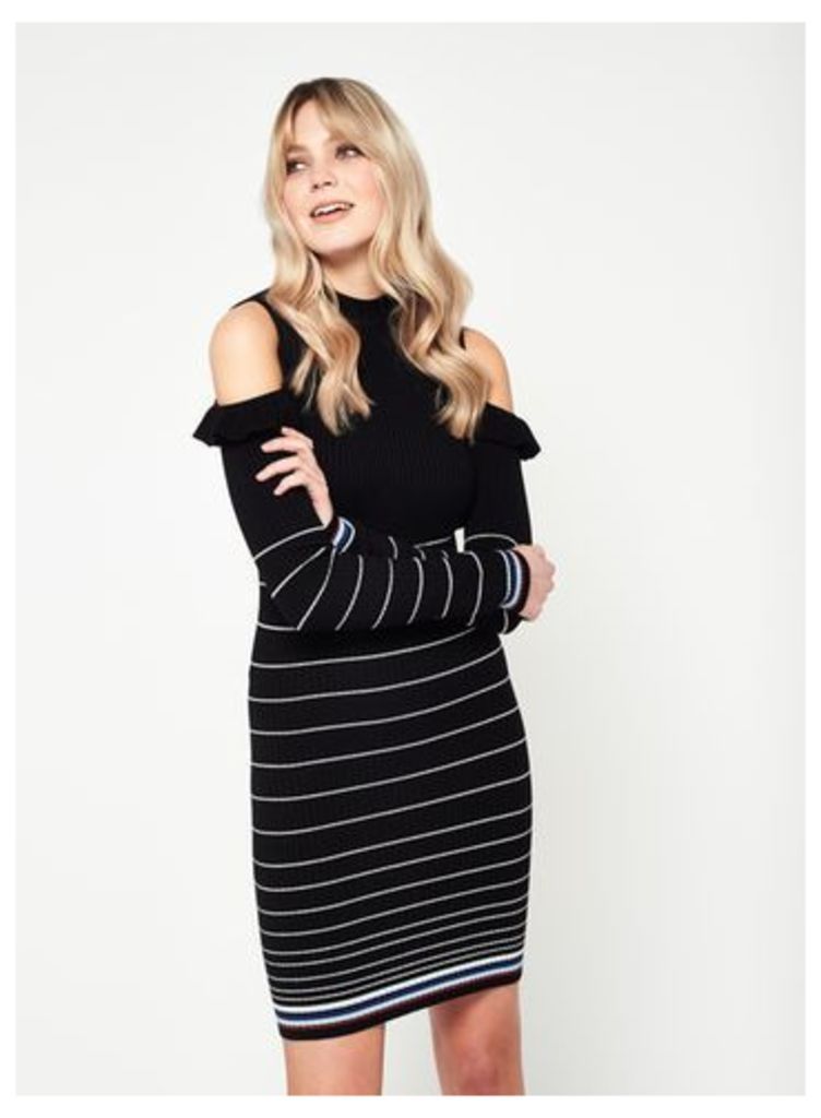 Womens Cold Shoulder Frill Stripe Knitted Dress, Black