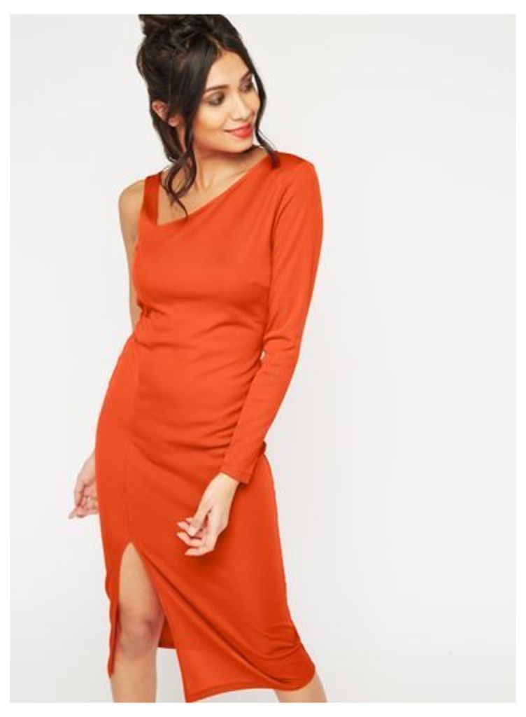 Womens Red One Shoulder Midi Dress, Red