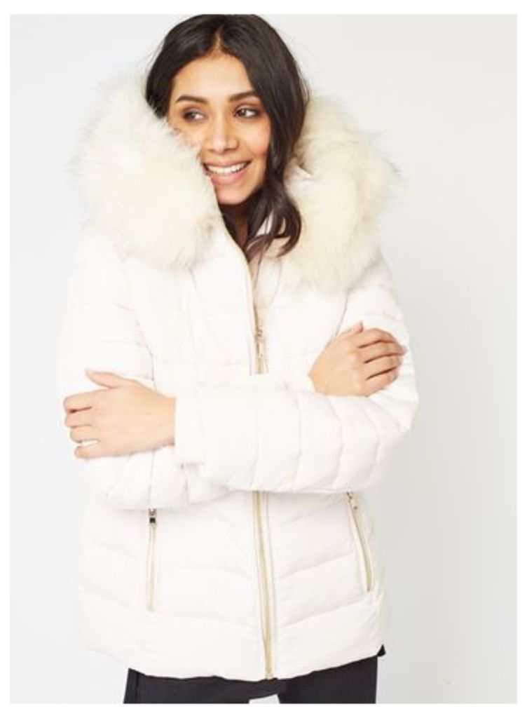 Womens Ivory Quilted Puffer Coat, White