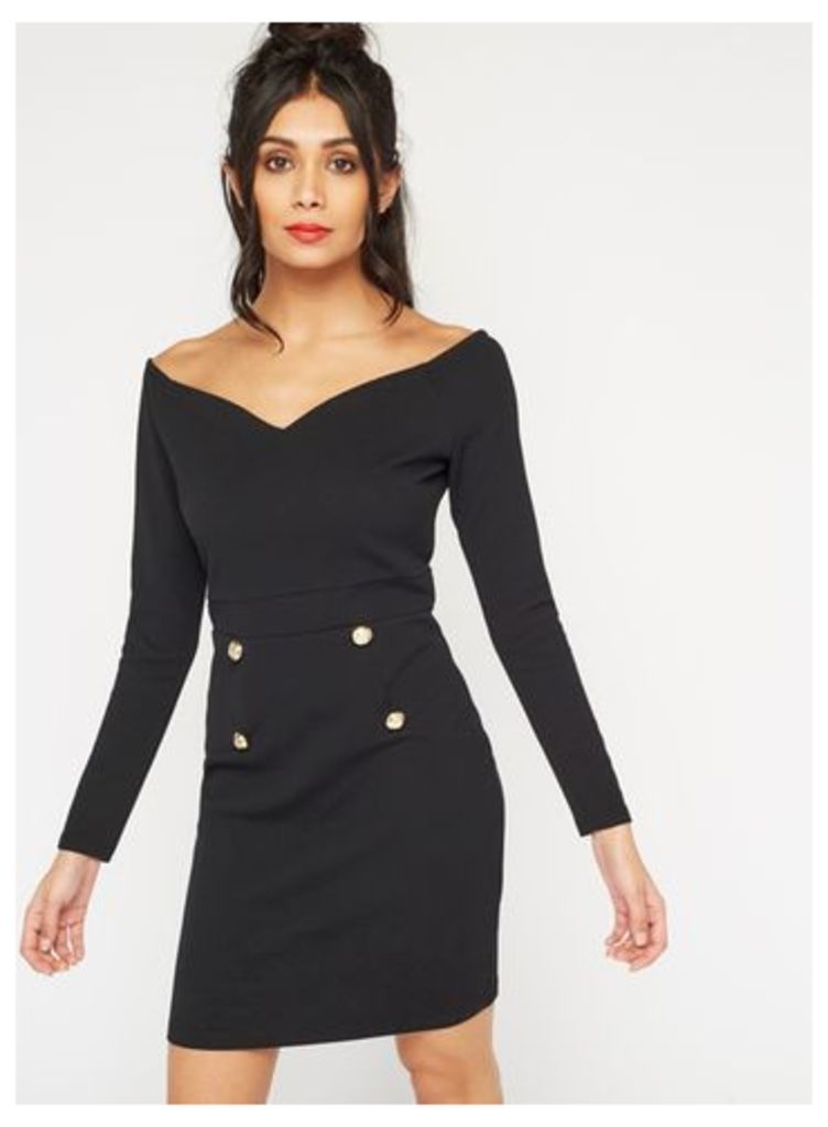 Womens Double Button Bodycon Dress, Black