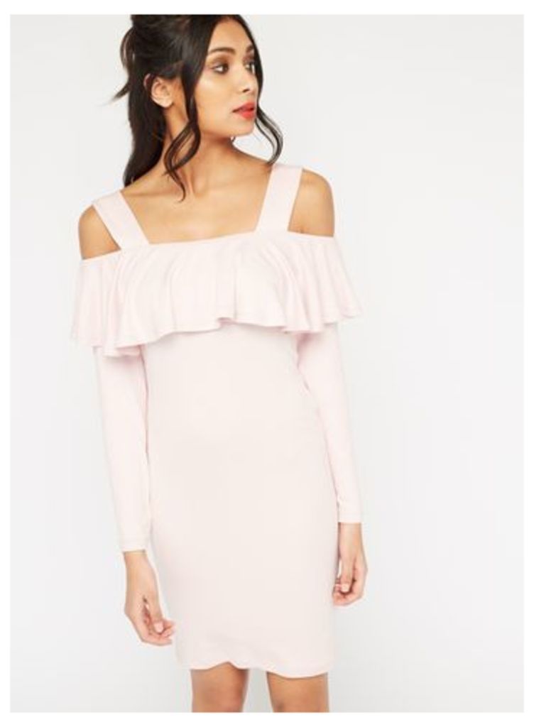 Womens Frill Cold Shoulder Dress, Pink