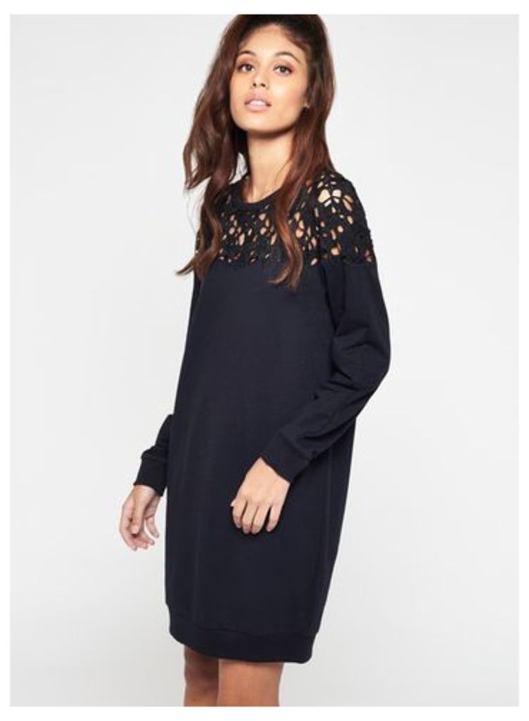 Womens Navy Lace Yoke Sweat Dress, Navy