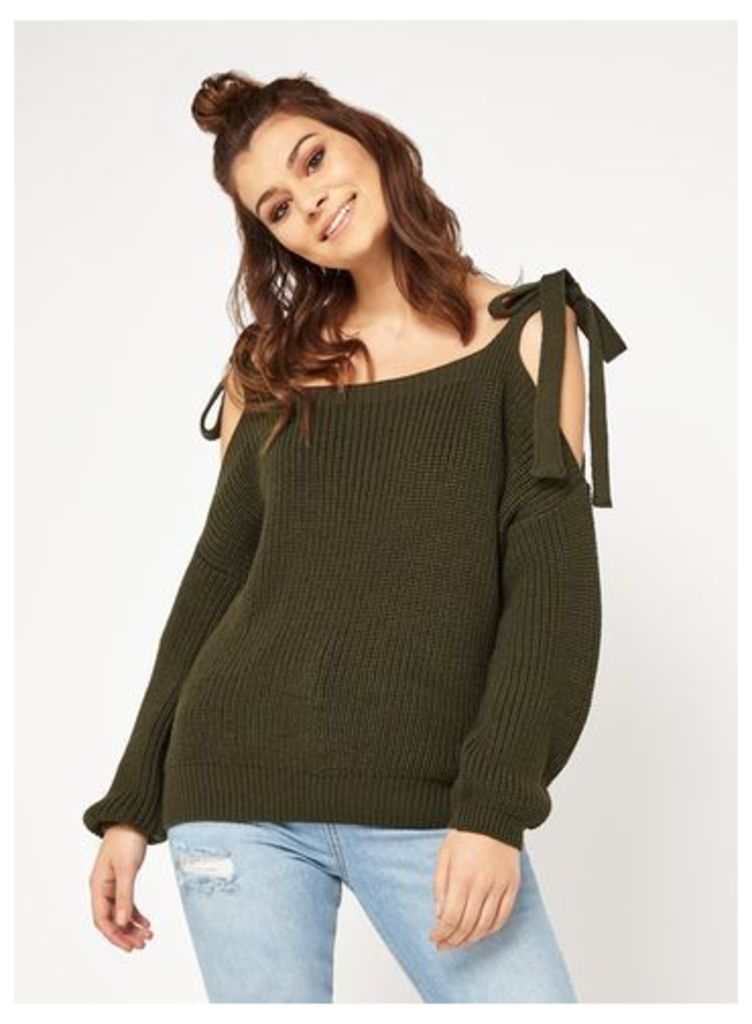 Womens PETITE Tie Cold Shoulder Knitted Jumper, Khaki