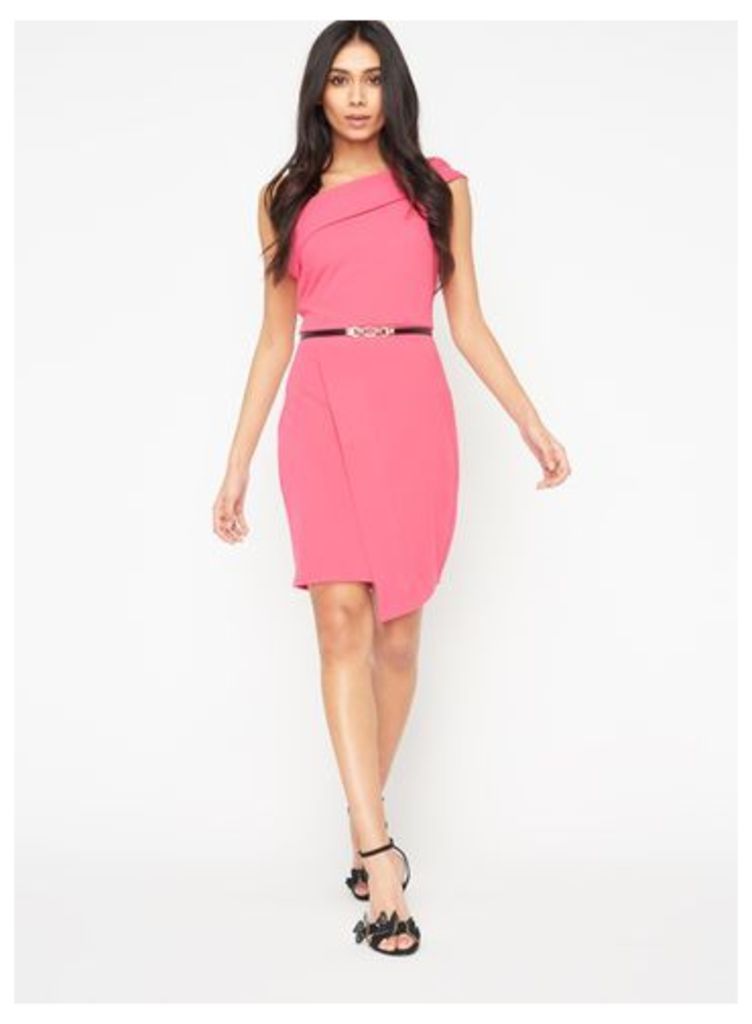 Womens One Shoulder Asymmetric Wrap Dress With Belt, Pink