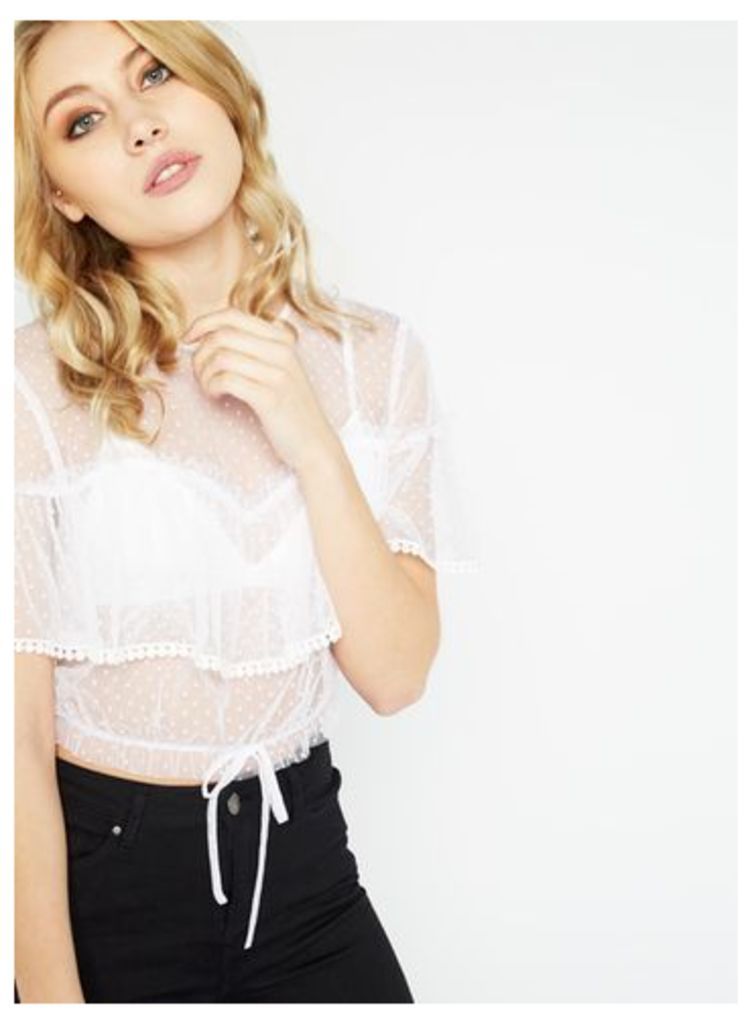 Womens PETITE Spotted Mesh Crop Top, Ivory