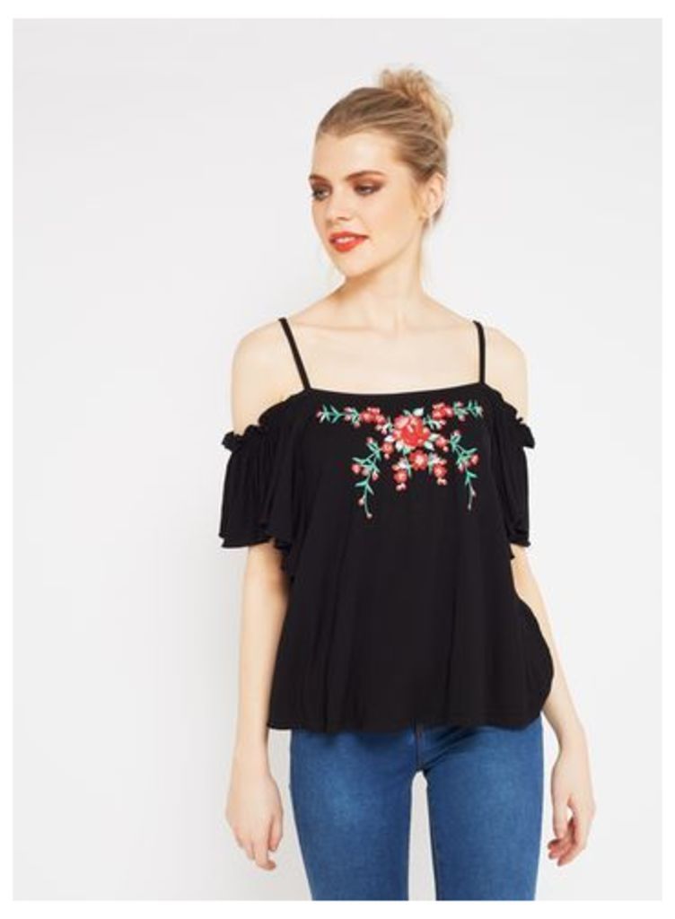 Womens Black Embroidered Ruffle Top, Black