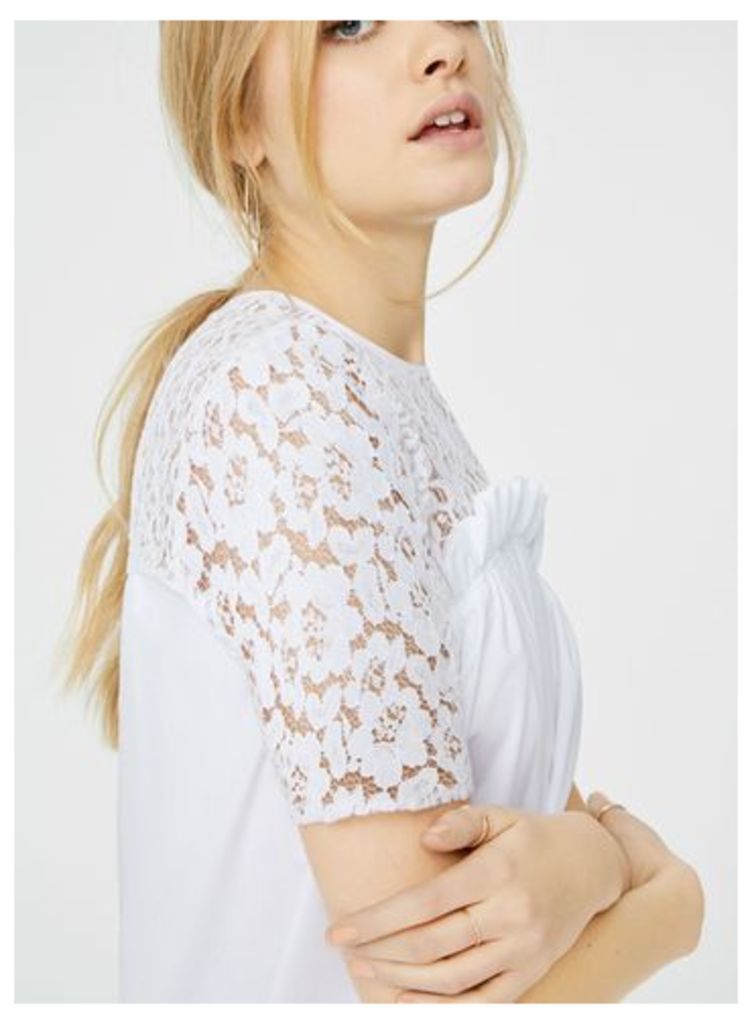 Womens Lace Contrast Poplin T-Shirt, Ivory