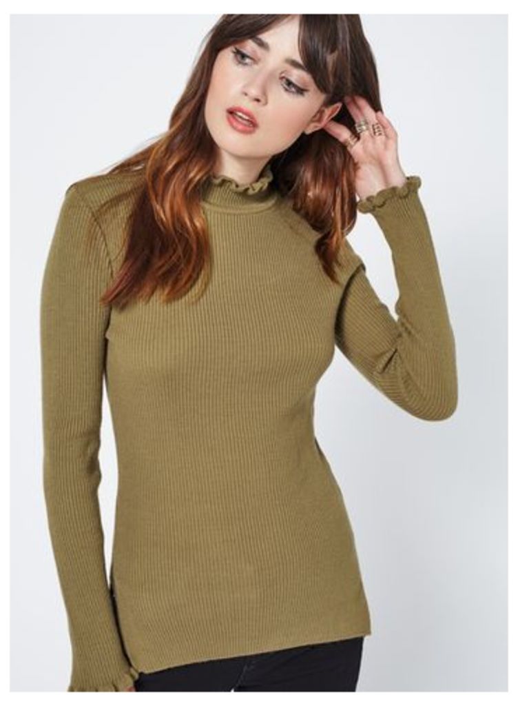 Womens Olive Frill Long Line Top, Olive