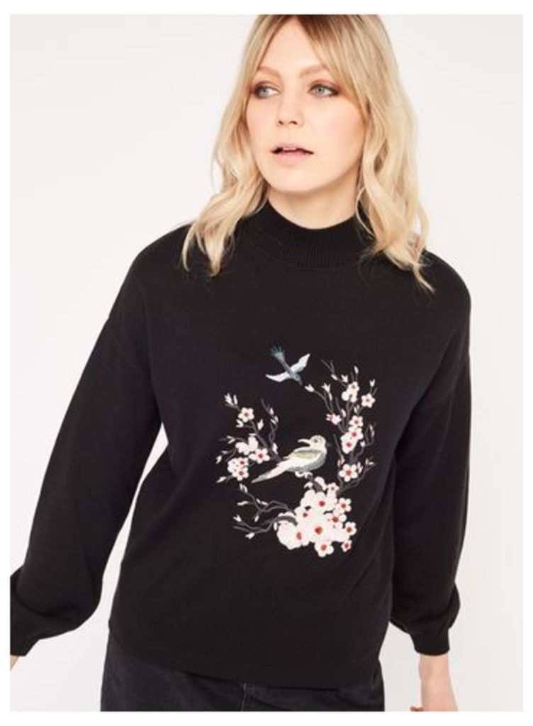 Womens Bird Embroidered Knitted Jumper, Black